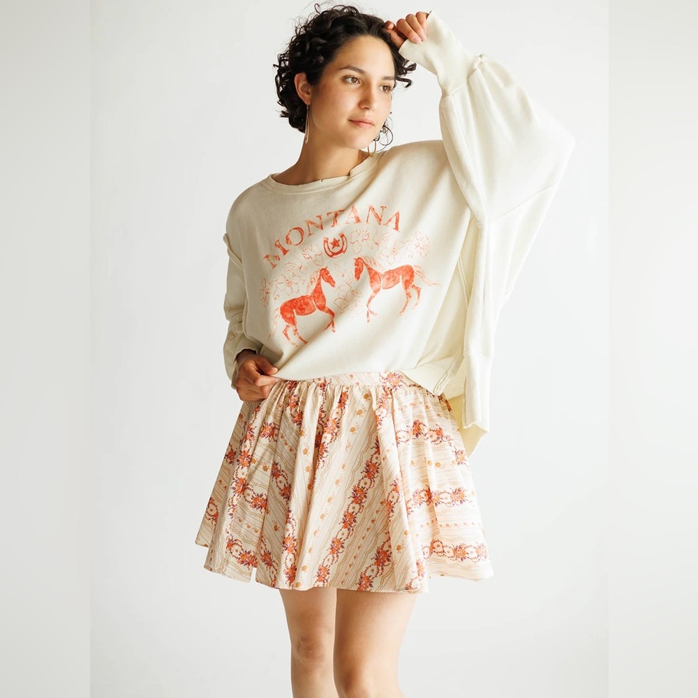 Free People Cream and Coral Floral Circle Skirt